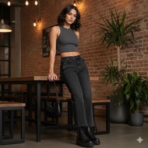 Derek Heart High Rise Black Straight Leg Jeans Y2K Grunge Side Slit